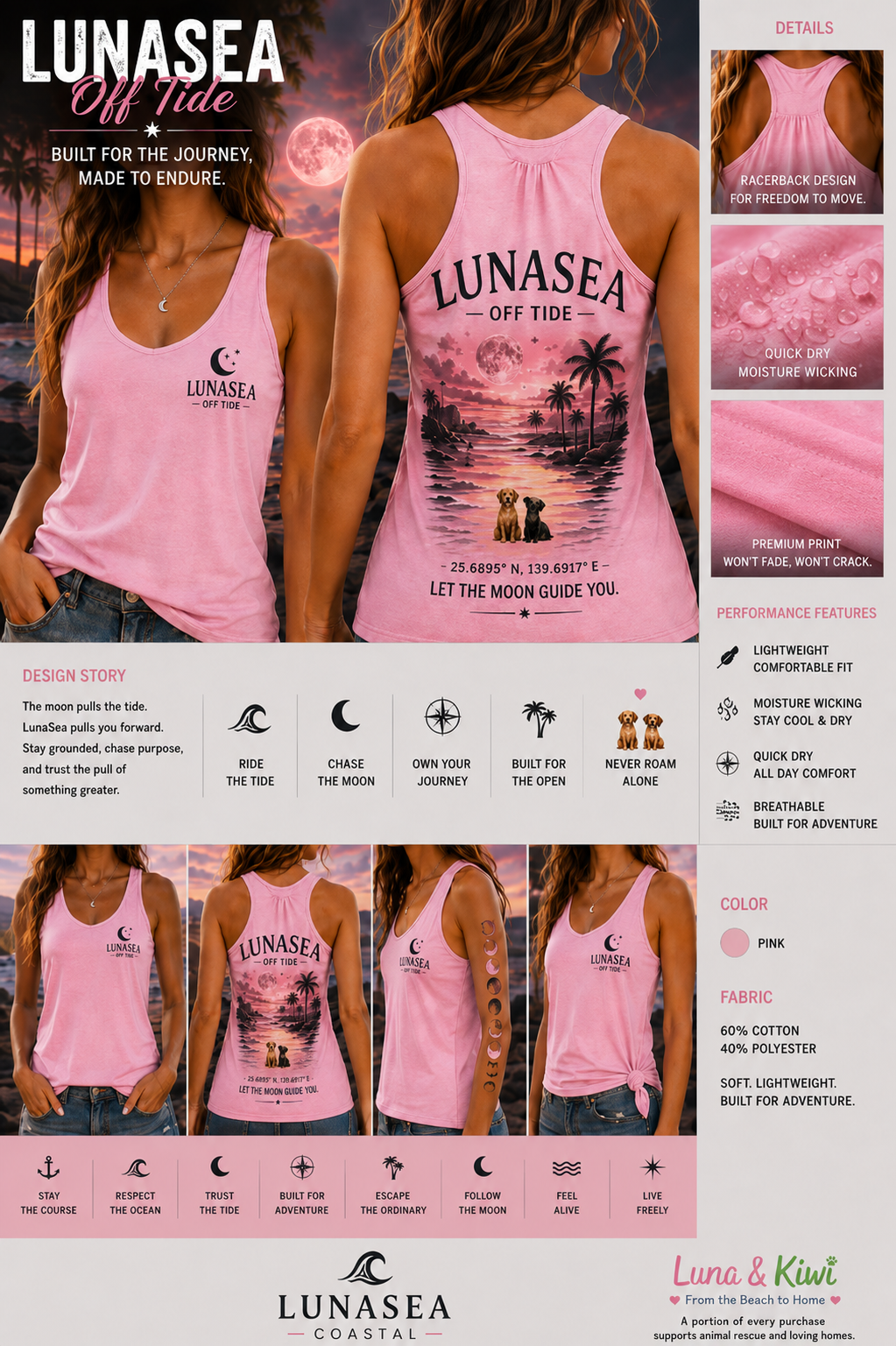 LunaSea Off Tide Racerback Tank - Pink with Luna and Kiwi